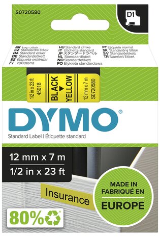 Dymo D1 tape S0720580 zwart op geel 12mm