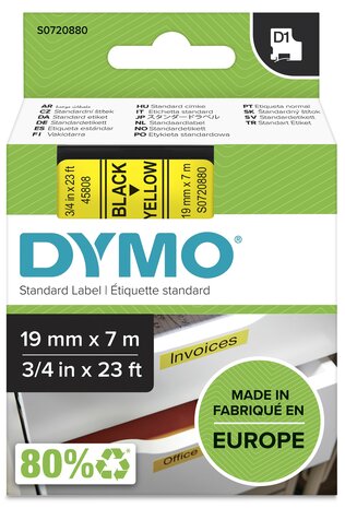 Dymo D1 tape S0720880 zwart op geel 19mm