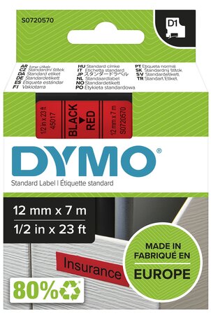 Dymo D1 tape S0720570 zwart op rood 12mm