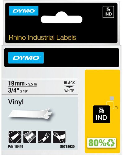 18445 Rhino Vinyl tape 19mm zwart op Wit
