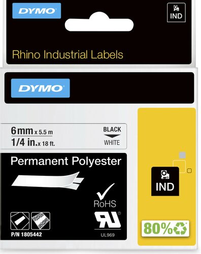 1805442 Rhino Polyester tape 6mm Zwart op Wit