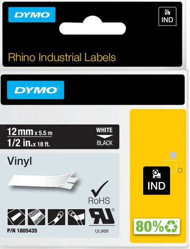 1805435 Rhino Vinyl tape 12mm Wit op Zwart